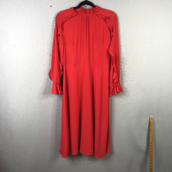 Donna Morgan Dress Womens 8 Red High Neck Ruffle Long Sleeve Midi Lined Back Zip - Picture 1 of 16